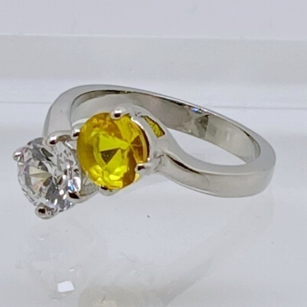 Silver Tone Bypass Ring Two‎ Stone Yellow Sapphire Clear CZ Round Cut Size 10